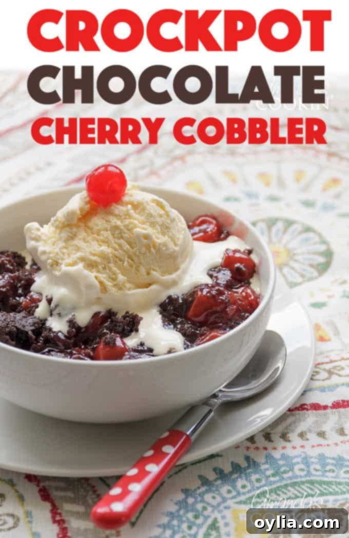 A festive Crockpot Chocolate Cherry Cobbler ready for sharing