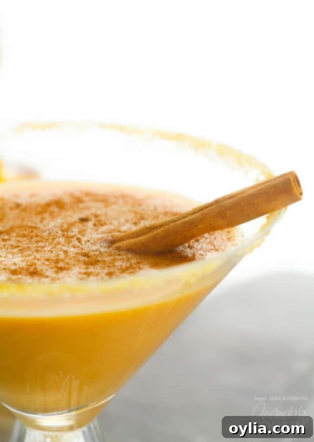 Pumpkin Pie Martini garnished with a festive cinnamon stick, a perfect fall cocktail.
