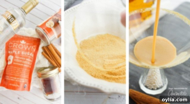 Step-by-step guide on how to make a Pumpkin Pie Martini, showing each stage of preparation.