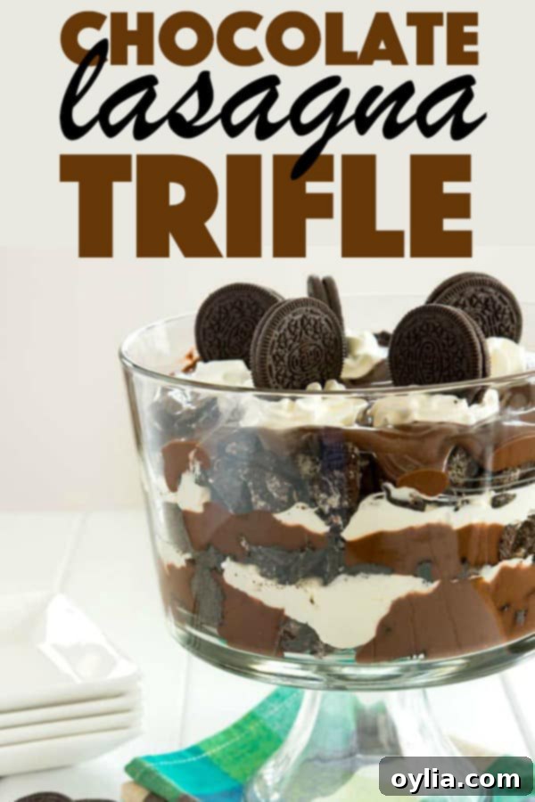 Chocolate Lasagna Trifle - everyone’s favorite dessert lasagna gets layered into a gorgeous trifle with Oreos, cream cheese and chocolate pudding. #chocolate #pudding #lasagna #dessert #dessertrecipes #potlucks #chocolatelasagna #oreos #cookies #trifle Chocolate Lasagna Trifle!