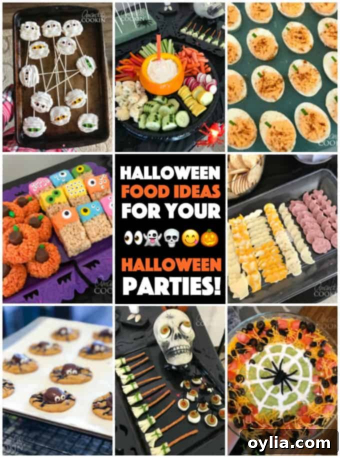 A vibrant display of various Halloween food ideas including mummy cookies, mozzarella eyeballs, spider taco dip, and rice krispie treats, perfect for a festive party spread.