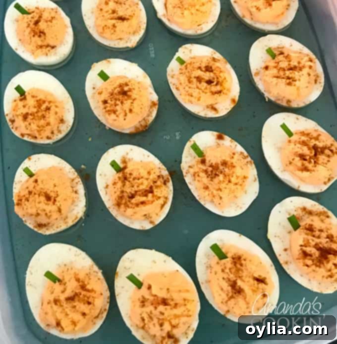 Pumpkin deviled eggs garnished with paprika and chives, displayed as a festive Halloween appetizer.