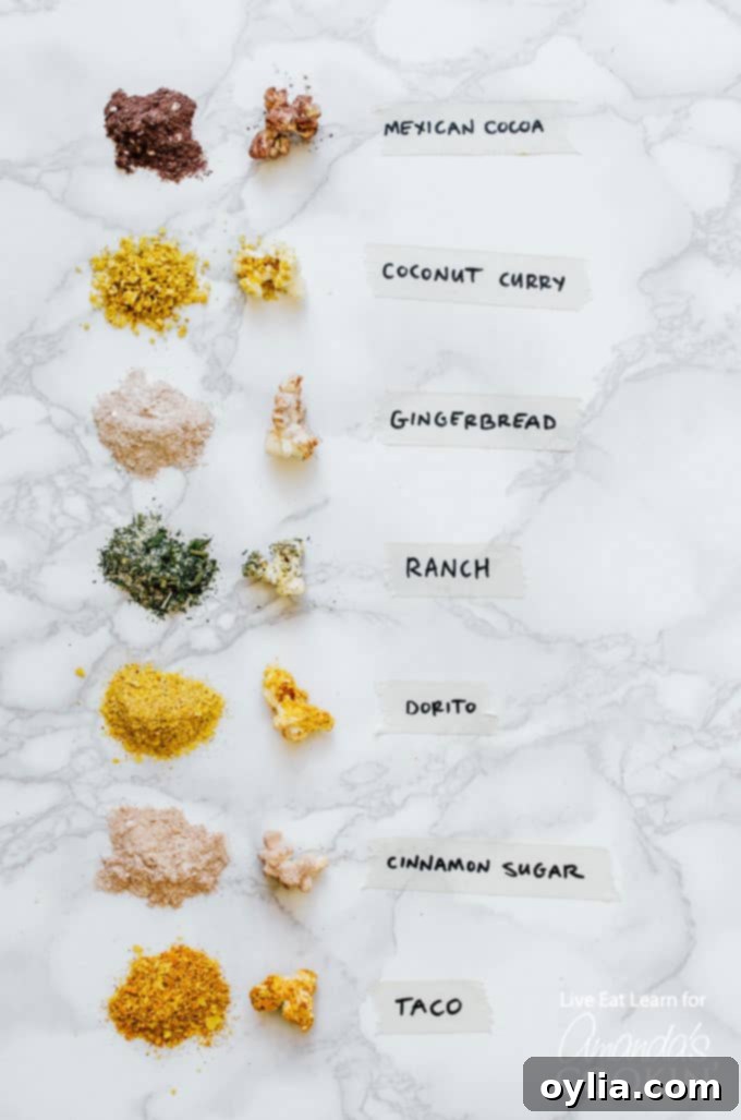 several popcorn seasonings with labels describing them 