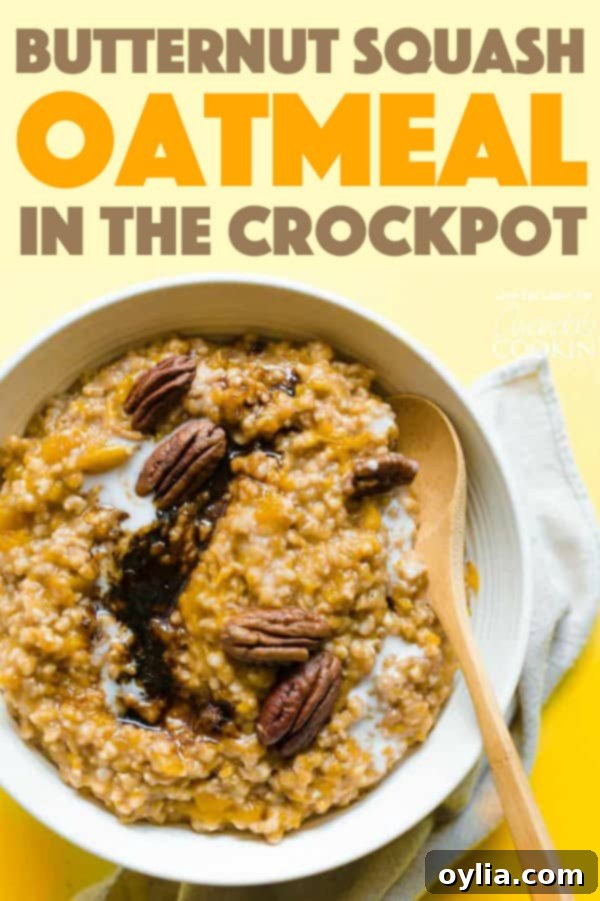 Close-up of creamy Crockpot Butternut Squash Oatmeal in a bowl, with a cozy fall aesthetic. Hashtags #butternutsquash #oatmeal #breakfastrecipes #easybreakfast #crockpotrecipes #slowcooker #breakfast #crockpot #fallrecipes