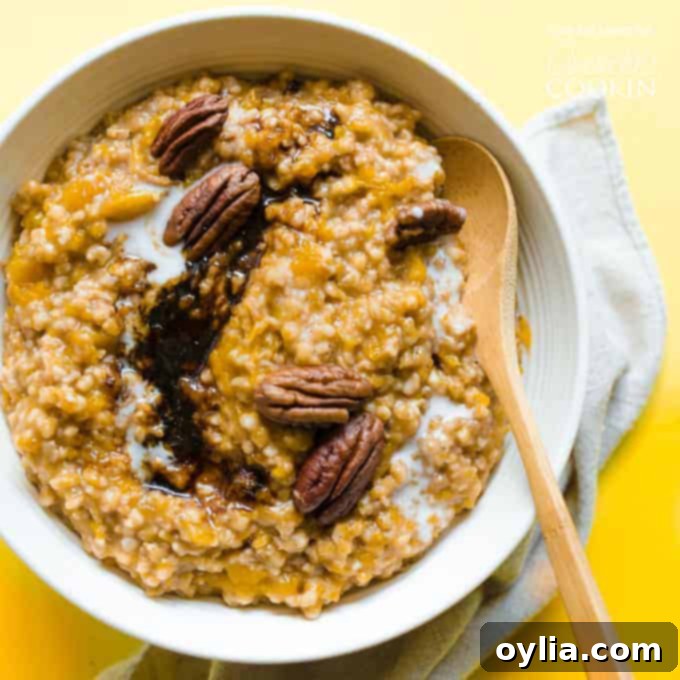A cozy bowl of creamy Butternut Squash Oatmeal, topped with a dusting of cinnamon and fresh berries, ready for a hearty breakfast.