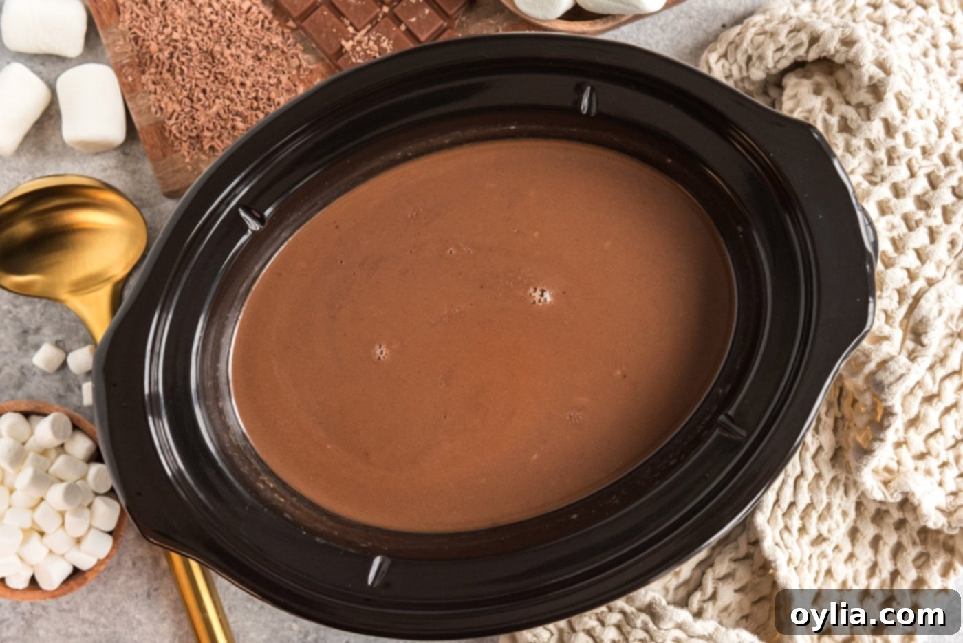 overhead of crockpot hot chocolate