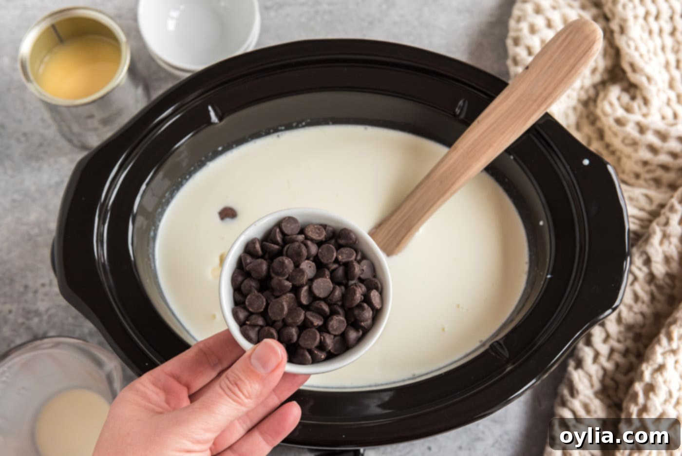 dark chocolate chips added to crockpot