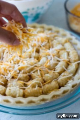 Assembling Chicken Pot Pie Tater Tot Casserole, with cheese being sprinkled over the tater tots