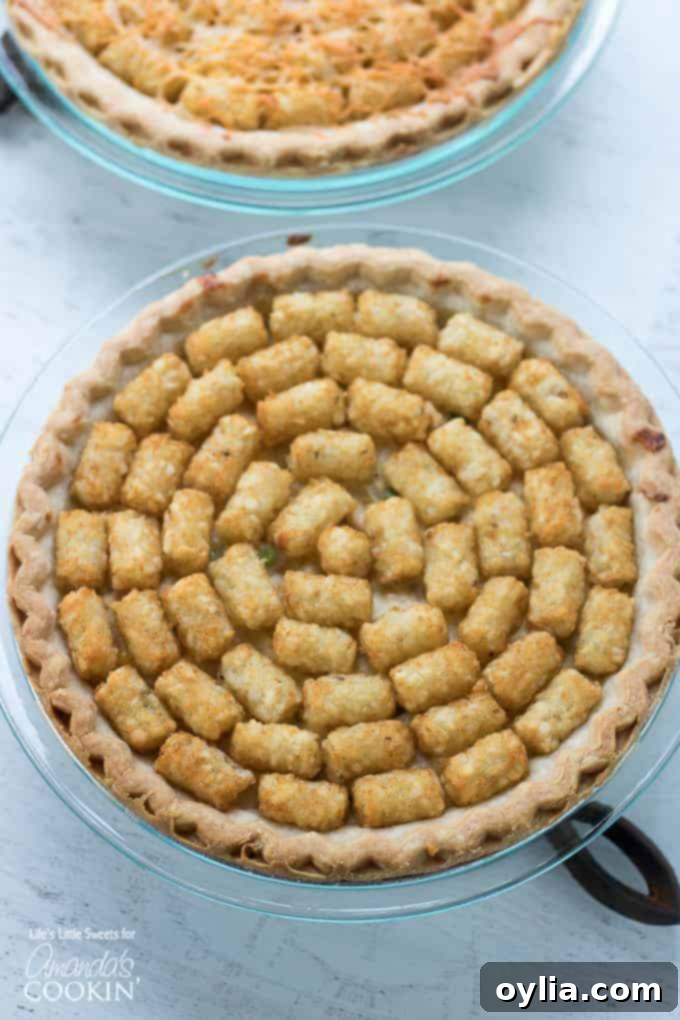 Overhead shot of Chicken Pot Pie Tater Tot Casserole with a fork lifting a piece