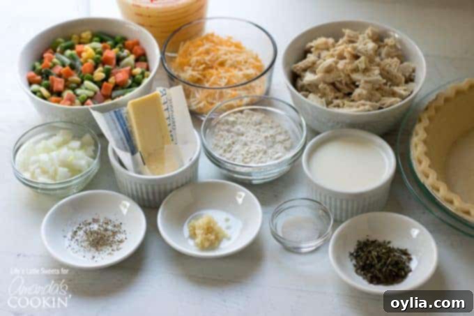 All the ingredients laid out for making Chicken Pot Pie Tater Tot Casserole