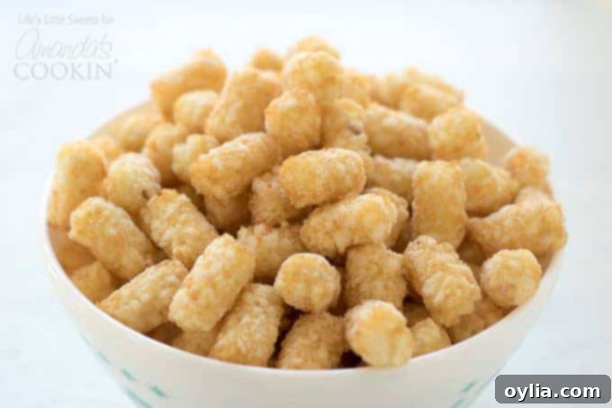 Bowl of Tater Tots, ready to be used for the Chicken Pot Pie Tater Tot Casserole topping