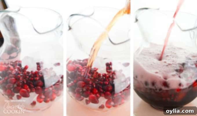 Step-by-step image of adding cranberries and pomegranate seeds to a pitcher for cranberry holiday punch