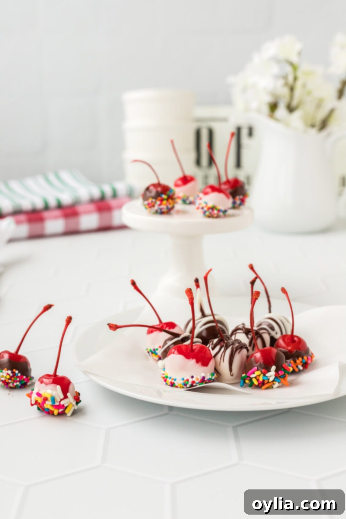 Spirited Crimson 9 Spiked Cherries on a plate with flowes in background