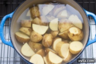 Creamy Traditional Mashed Potatoes - potatoes boiling in a pot