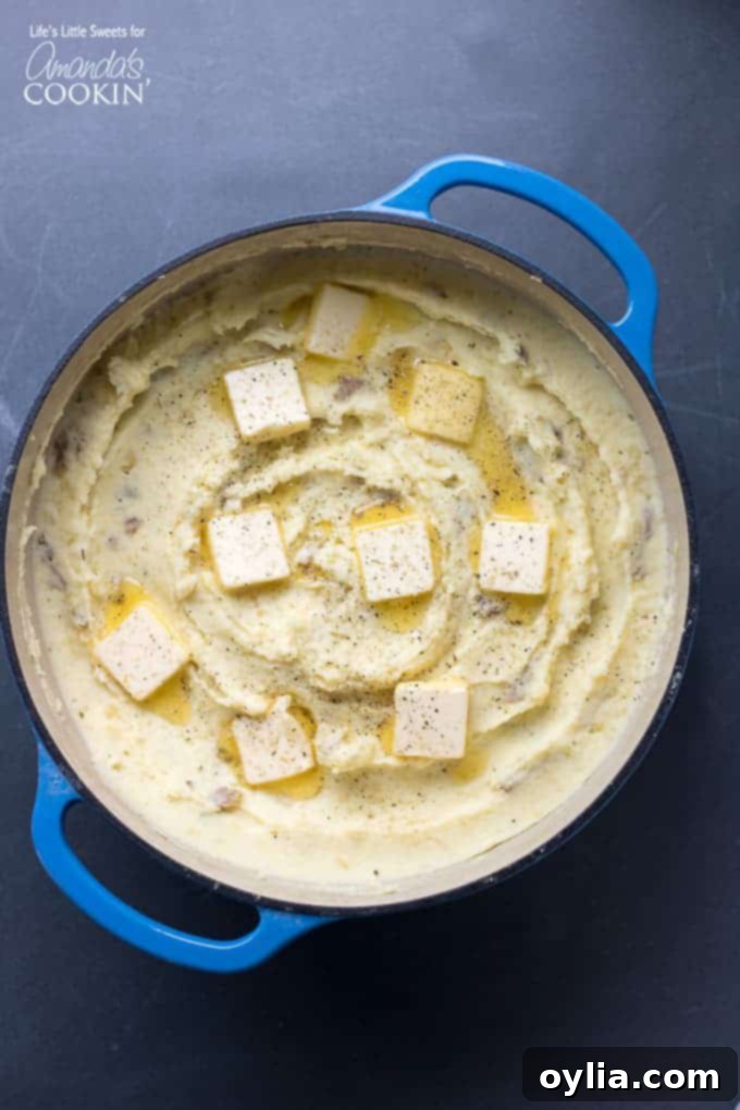 Comforting Potato Cloud 2 Overhead shot of creamy traditional mashed potatoes in a dutch oven