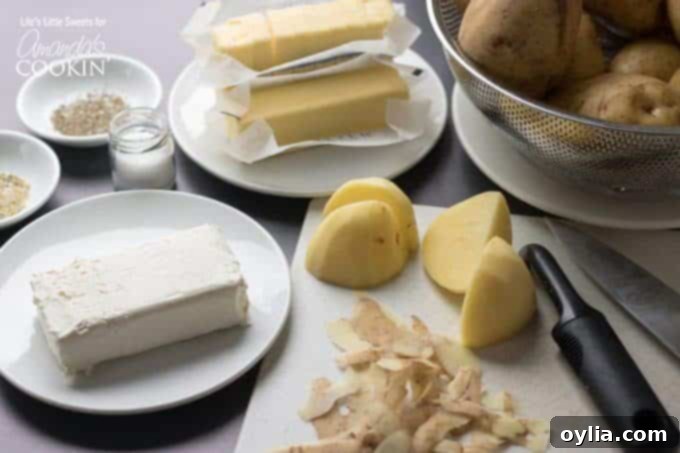 Comforting Potato Cloud 3 Ingredients for creamy mashed potatoes, including potatoes, butter, half and half, and cream cheese