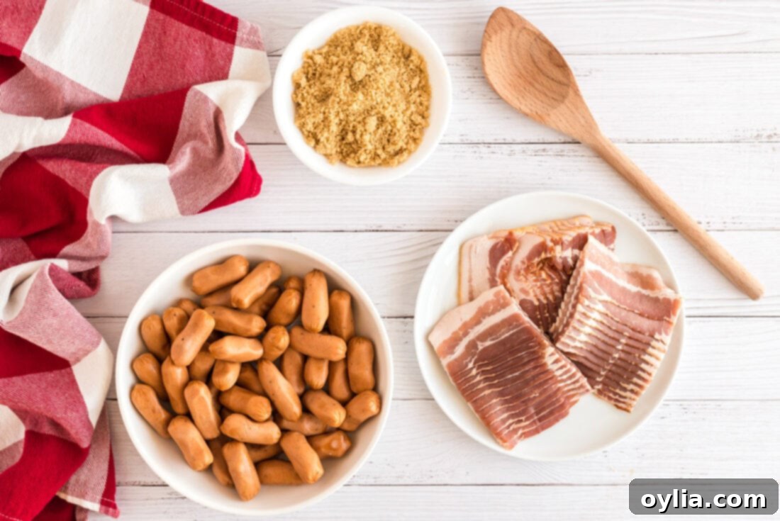 Ingredients for Bacon Wrapped Little Smokies laid out on a cutting board