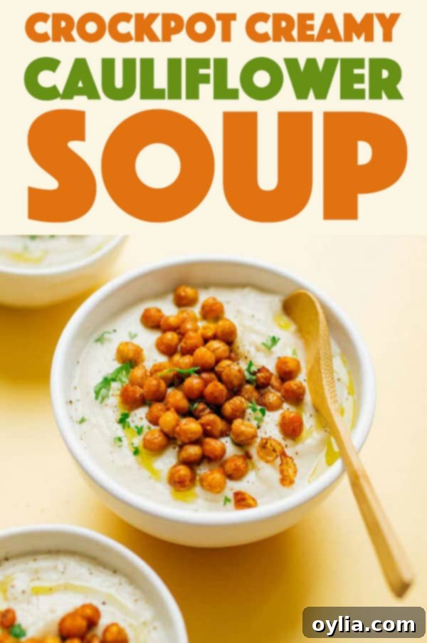 Pin for Crockpot Creamy Cauliflower Soup, showing the soup in bowls