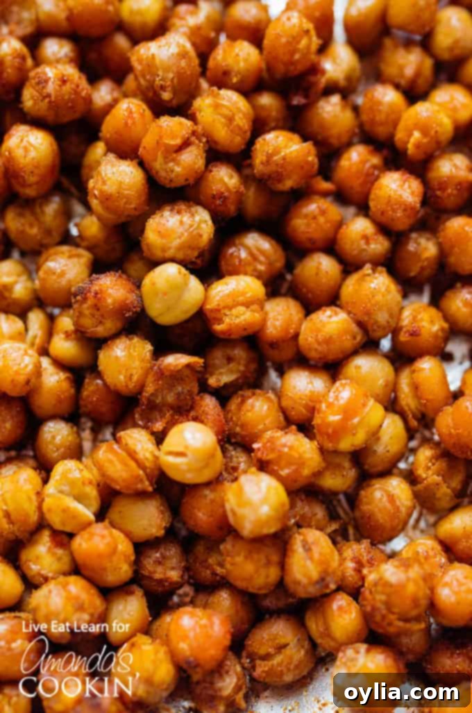 Close up of roasted chickpeas, a perfect topping for creamy cauliflower soup