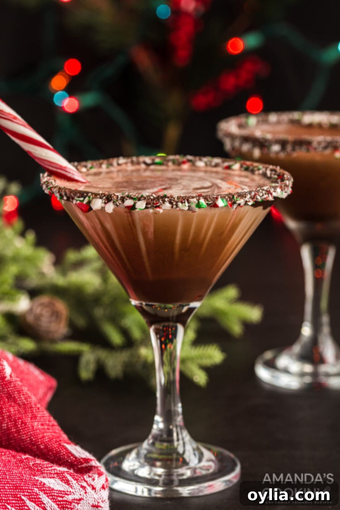 A beautifully garnished chocolate peppermint martini, perfect for a Christmas celebration.
