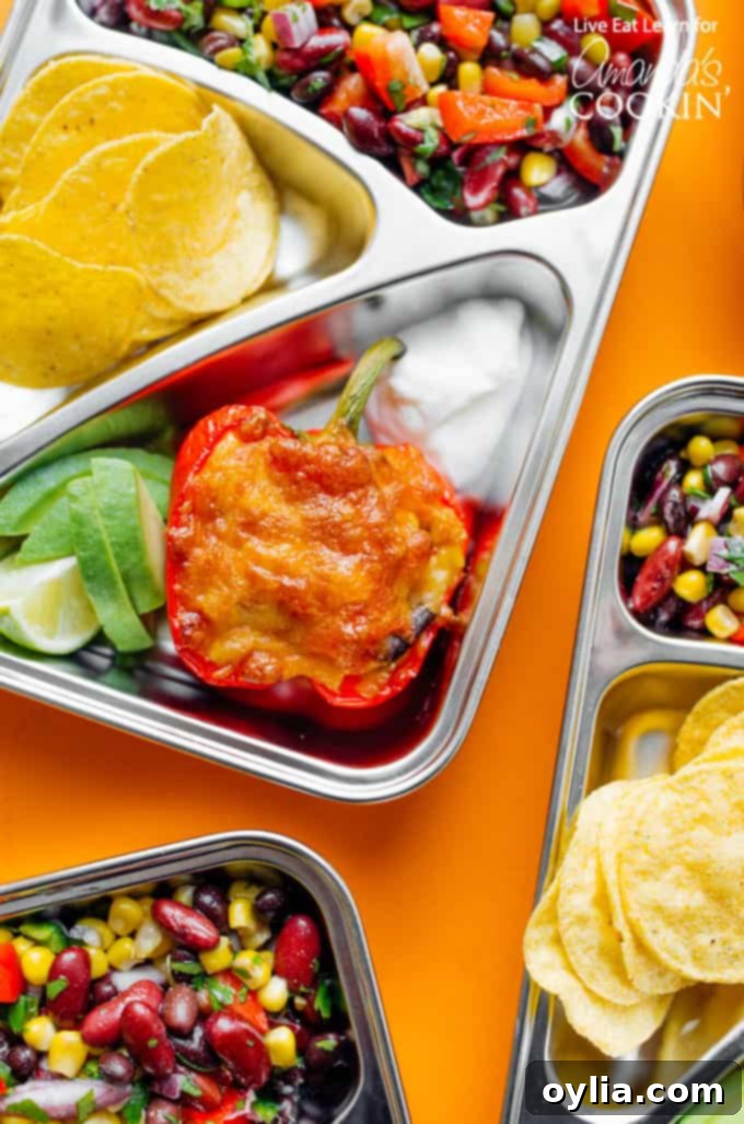 Above shot of colorful Stuffed Pepper Meal Prep Boxes ready for the week