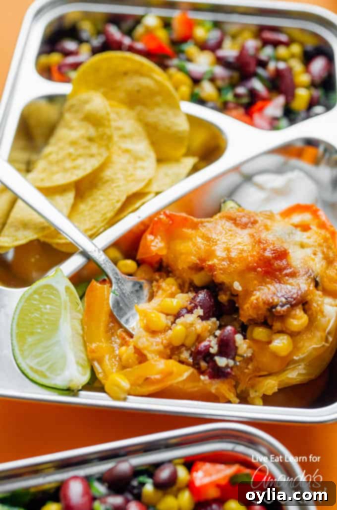 Close up of a delicious Stuffed Pepper Meal Prep Box with avocado and lime