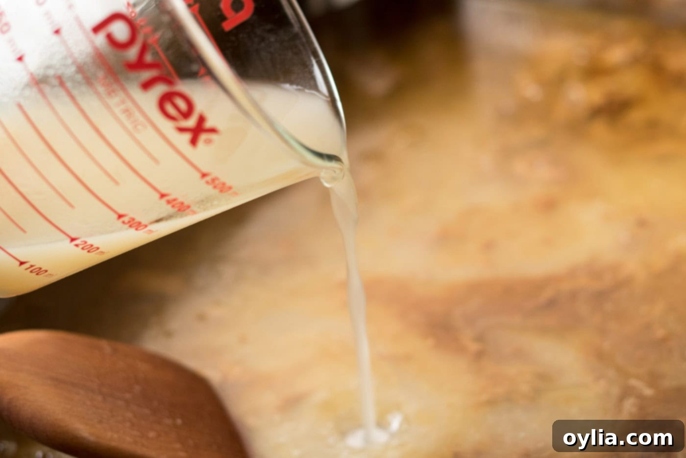 Broth being poured into a roasting pan to deglaze for gravy
