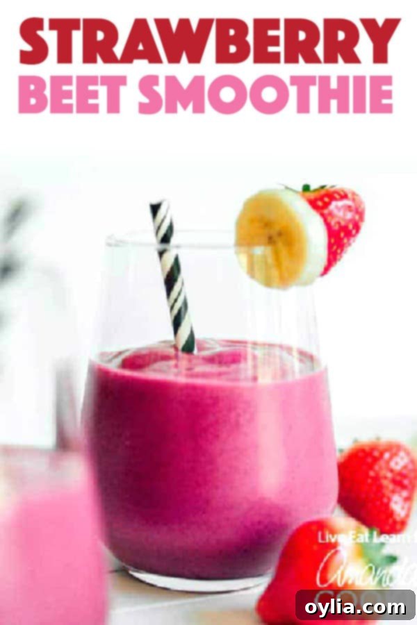 Pinterest graphic featuring a glass of Strawberry Beet Smoothie, highlighting its healthy and antioxidant-rich qualities, perfect for breakfast or a snack.