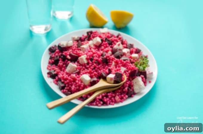 Pearl Couscous Salad with Feta and Beets served on a plate