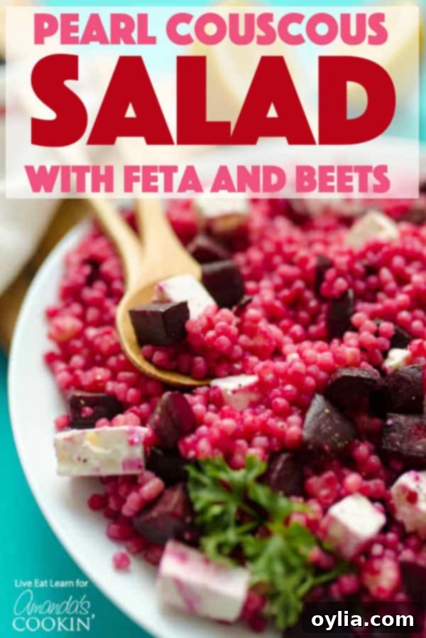 Pearl Couscous Salad with Feta and Beets on a wooden background for Pinterest