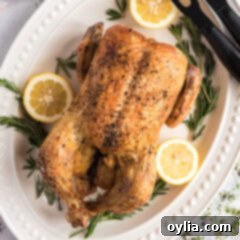 Close up photo of a Roasted Chicken on a white platter