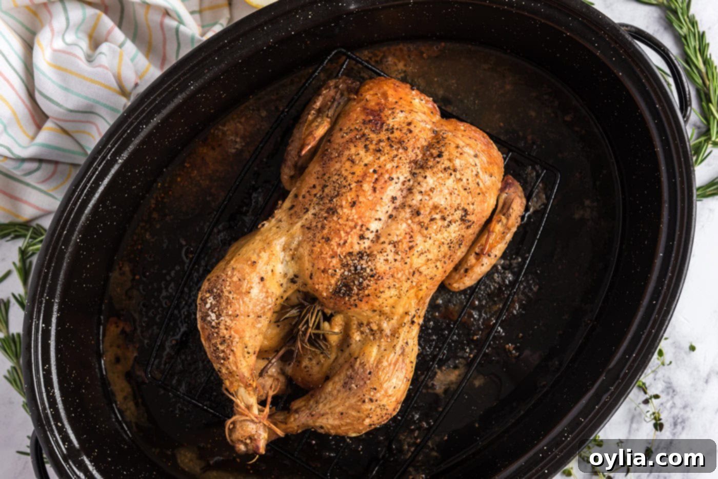 overhead of crispy golden whole roasted chicken