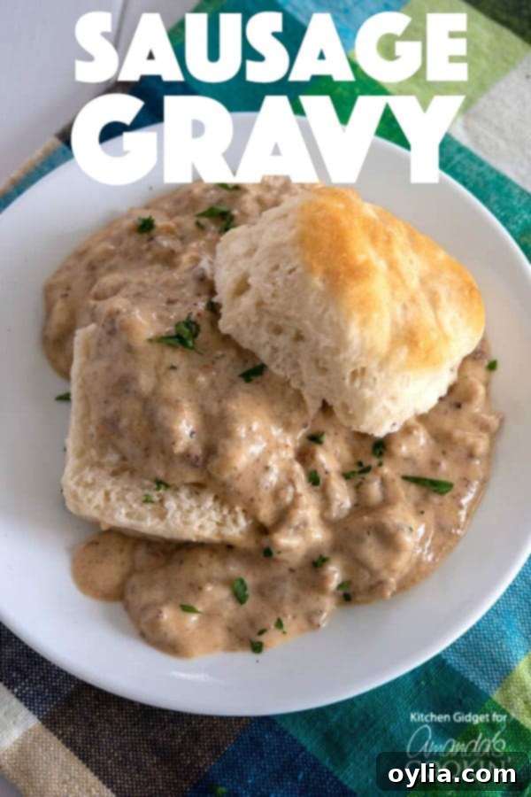 Pinterest graphic for homemade sausage gravy with biscuits