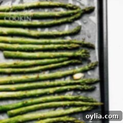 Pan of roasted asparagus spears