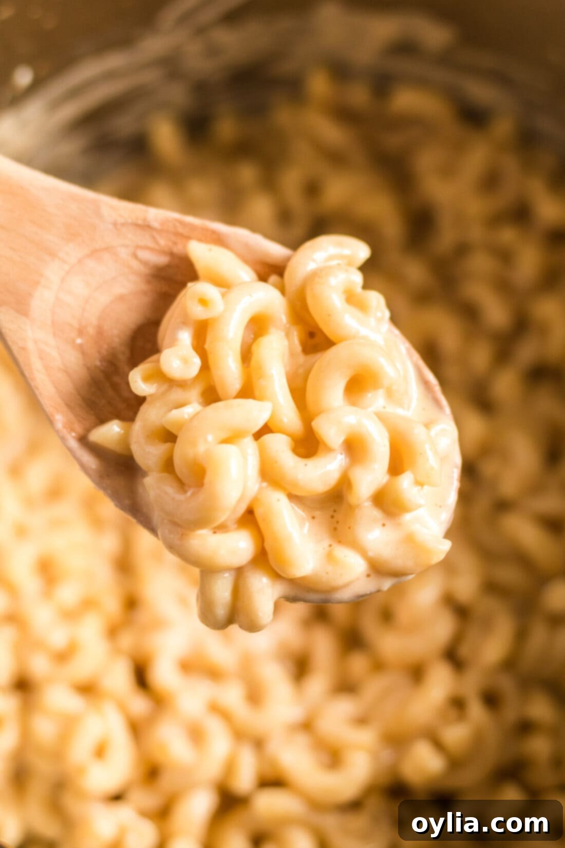 Spoonful of creamy Instant Pot Mac and Cheese ready to eat