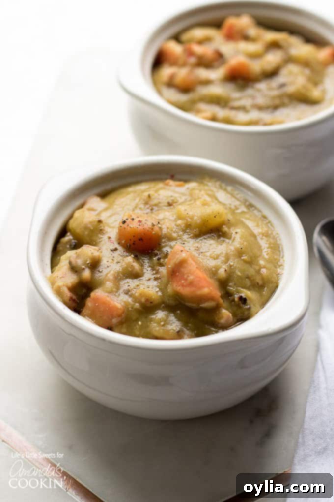 Split Pea Soup in bowl topped with pepper