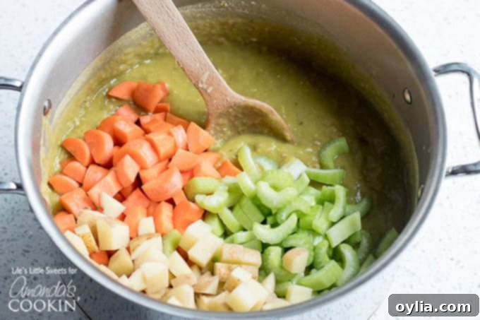 Veggies in stock pot for split pea soup