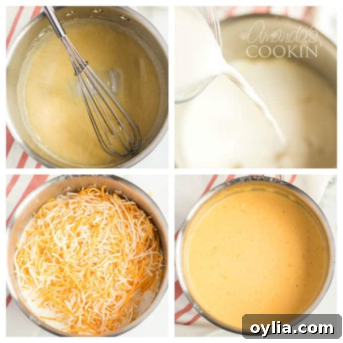 Collage showing steps for making cheese sauce: melting butter, whisking in flour, and adding milk
