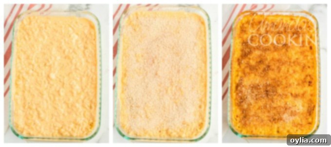 Collage showing seasoned breadcrumbs with paprika and sprinkling them over macaroni and cheese