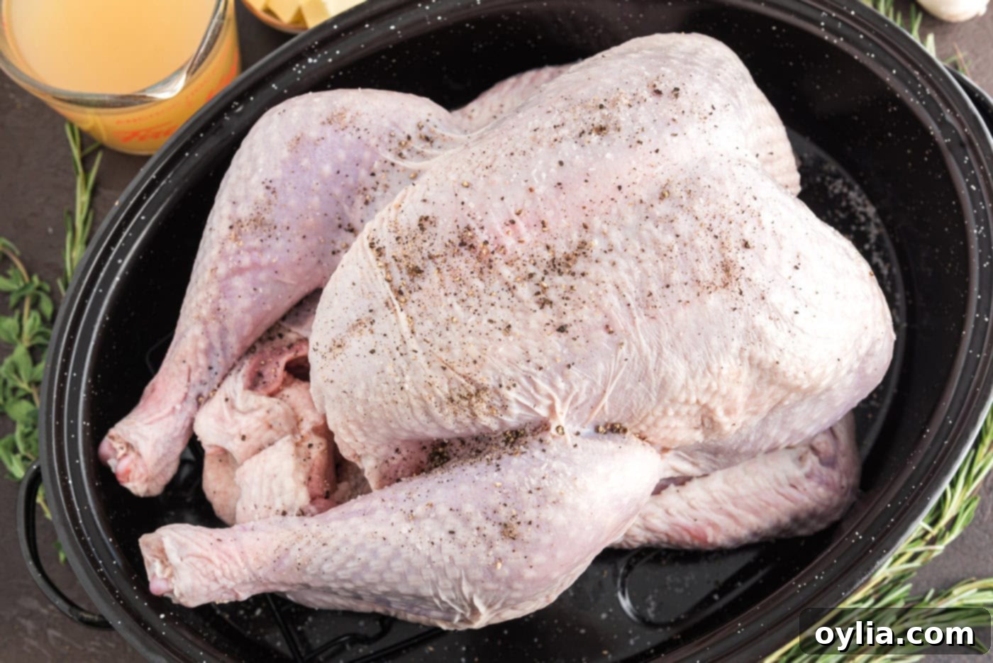 salt and pepper on top of raw turkey
