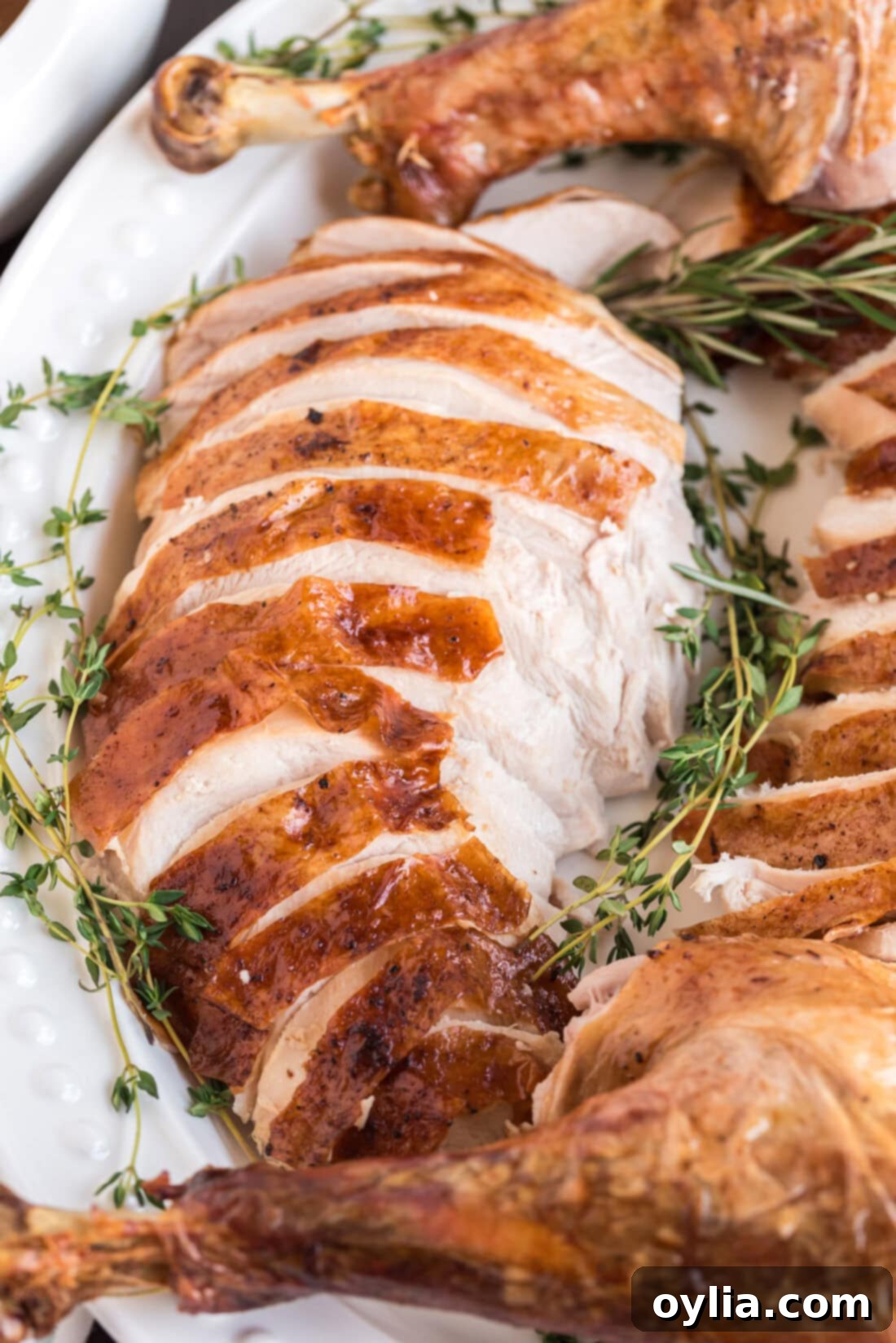 Close up photo of Roasted Turkey slices on a platter
