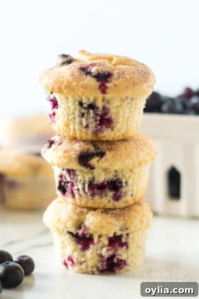Stack of three homemade blueberry muffins showing their fluffy texture and juicy berries