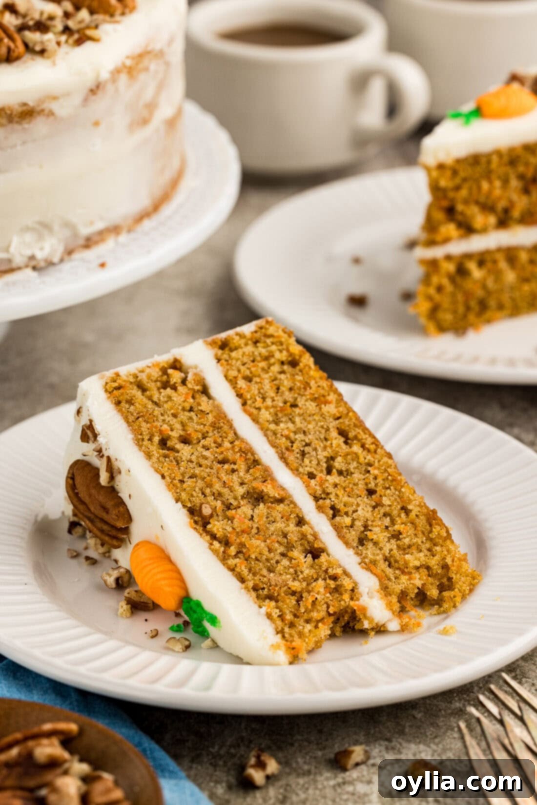 A perfectly portioned slice of moist carrot cake, beautifully frosted and decorated, resting on a white plate.