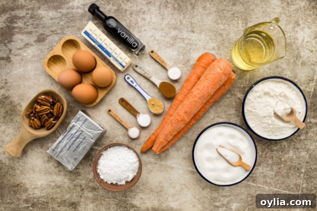 A flat lay photograph showing all the fresh ingredients needed to bake a delicious carrot cake.