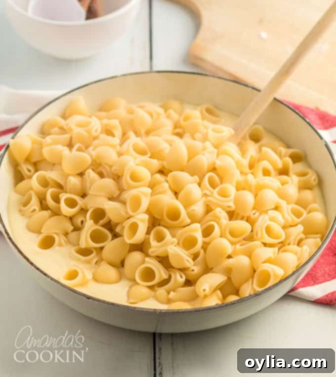 stirring cheese sauce into bowl of pasta