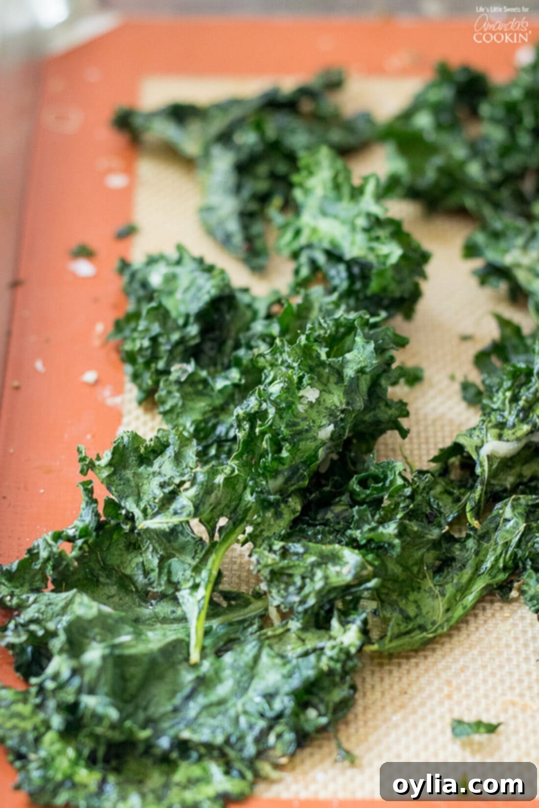 Close up of Kale Chips on a baking sheet