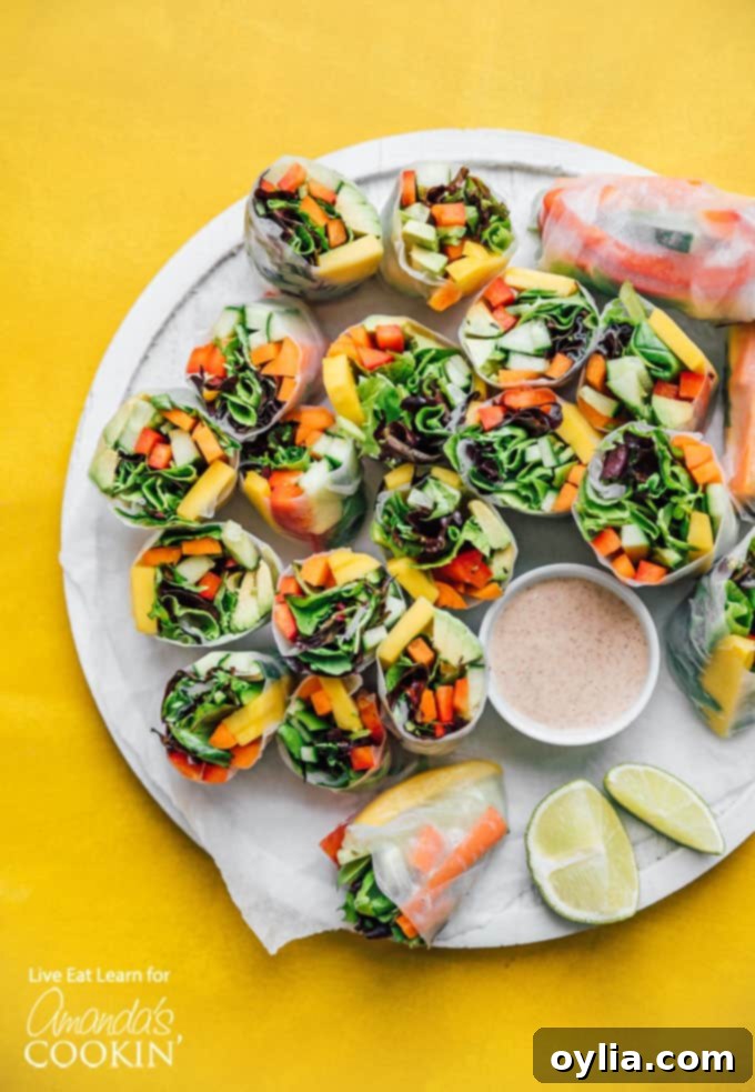 Beautifully arranged vegetable spring rolls on a white plate with a side of dipping sauce and lime wedges, showcasing their vibrant colors and fresh appeal.