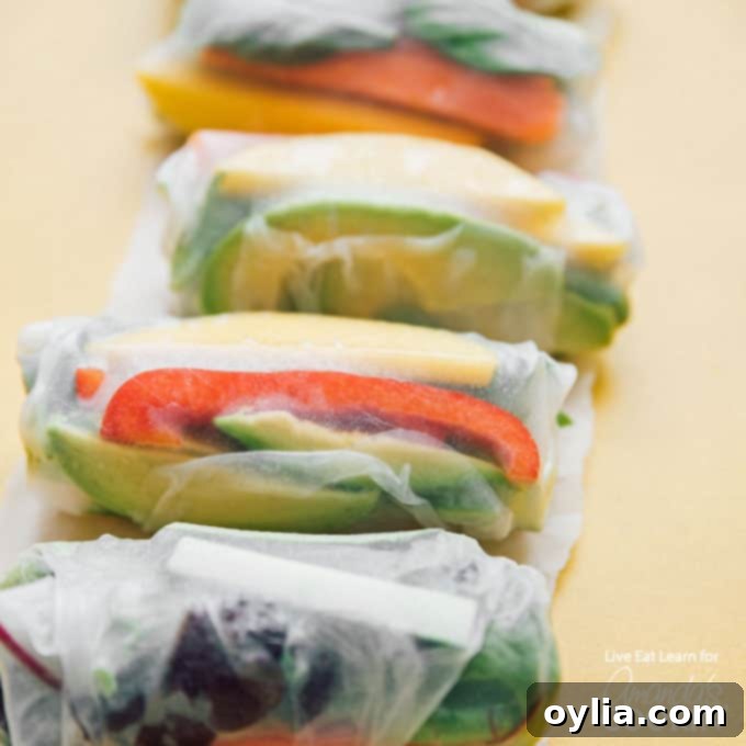 Close-up of a fresh vegetable spring roll, showing vibrant green arugula, red bell pepper, and other crisp vegetables peeking through the translucent rice paper wrapper.