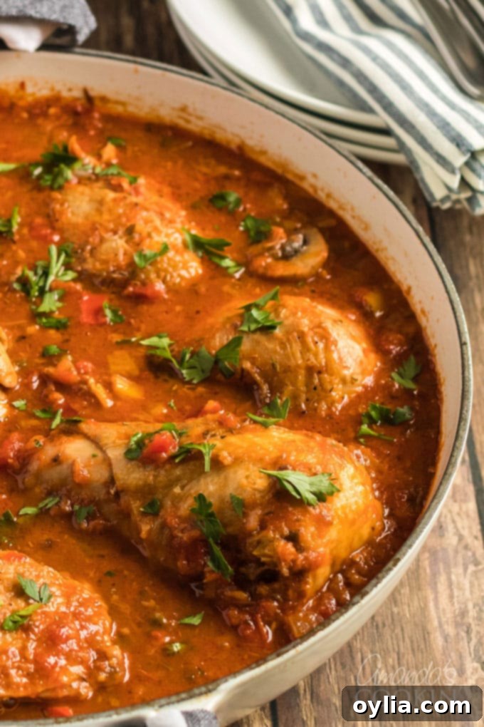 Rustic Chicken Cacciatore served in a large skillet, ready to be enjoyed.