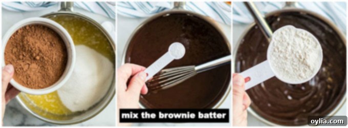 Collage of three step-by-step photos showing the process of making brownie batter: melting butter, whisking in sugar and cocoa, and mixing in eggs and flour.